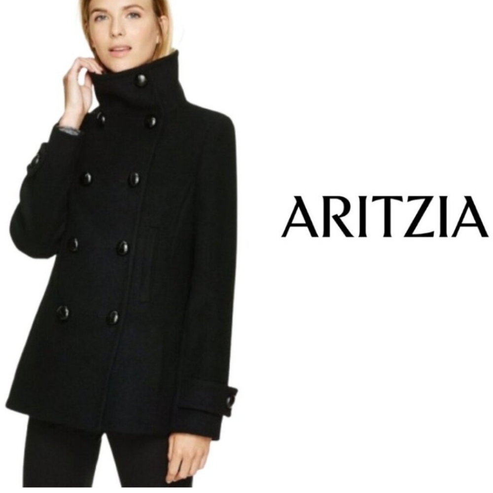 Aritzia Classic Black Double-Breasted Pea Coat
